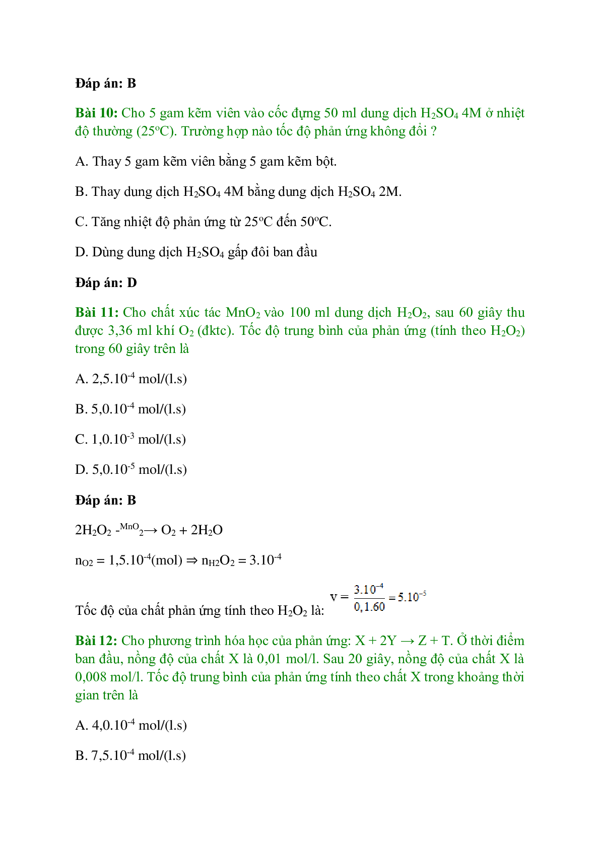 Trắc nghiệm Tốc độ phản ứng hóa học có đáp án - Hóa học 10 (trang 4)