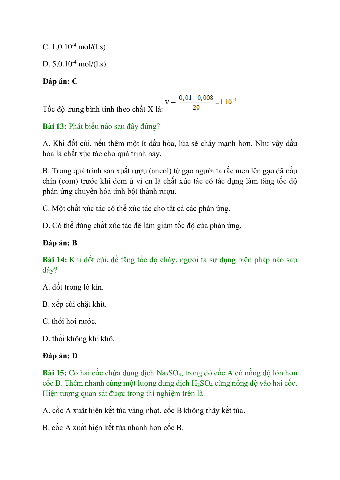 Trắc nghiệm Tốc độ phản ứng hóa học có đáp án - Hóa học 10 (trang 5)