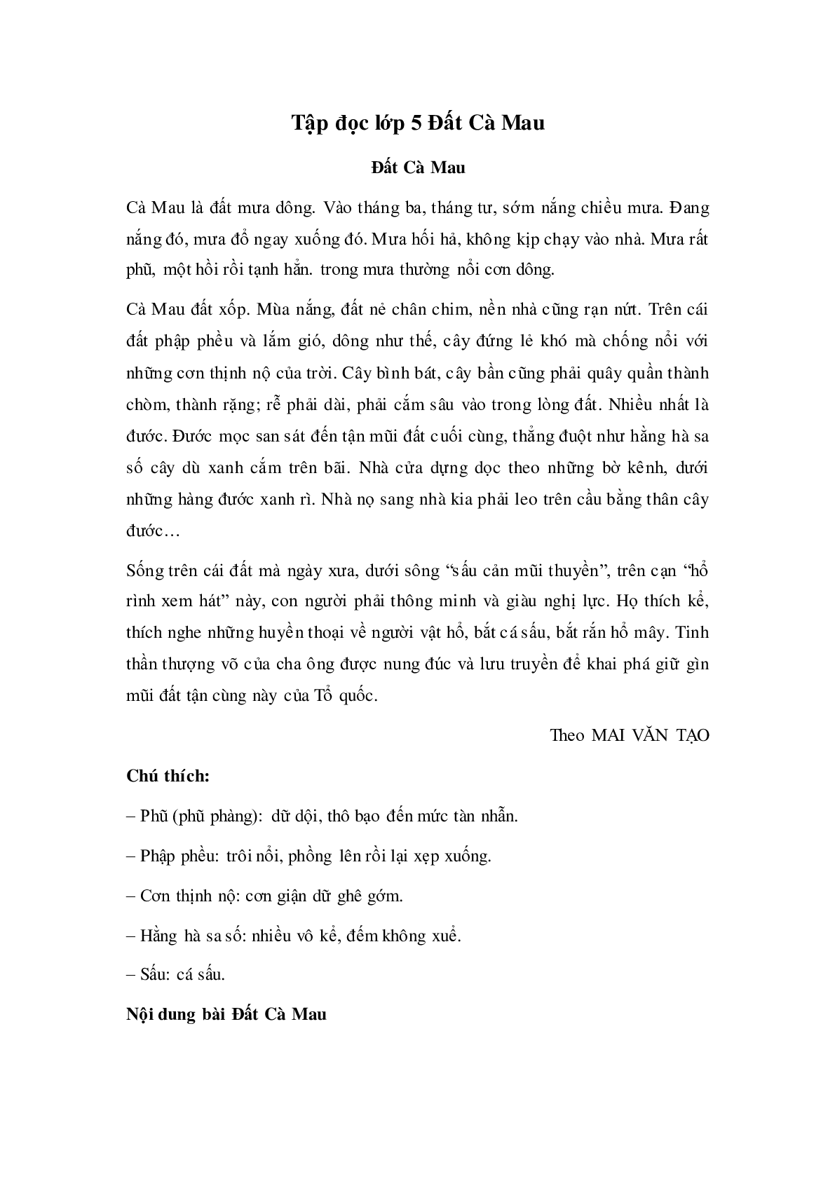 Soạn Tiếng Việt lớp 5: Tập đọc: Đất Cà Mau mới nhất (trang 1)