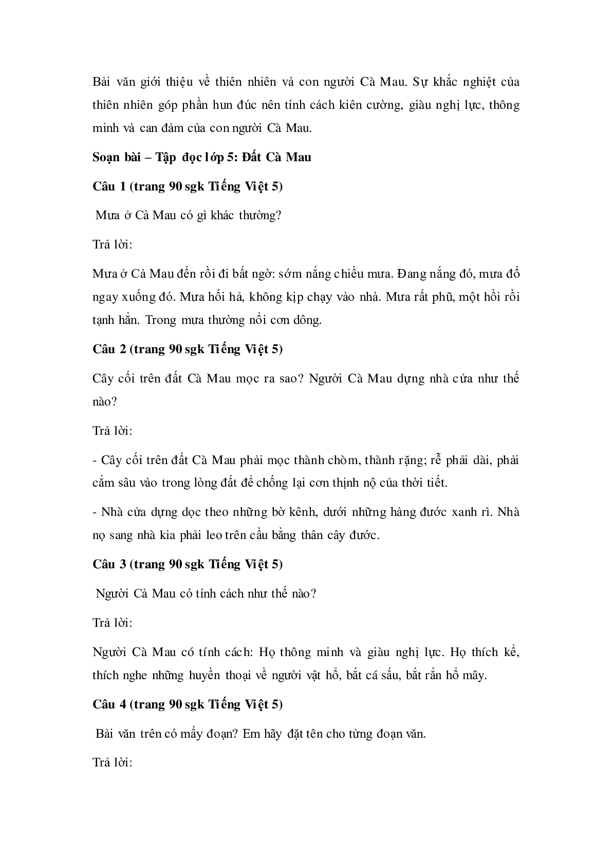 Soạn Tiếng Việt lớp 5: Tập đọc: Đất Cà Mau mới nhất (trang 2)