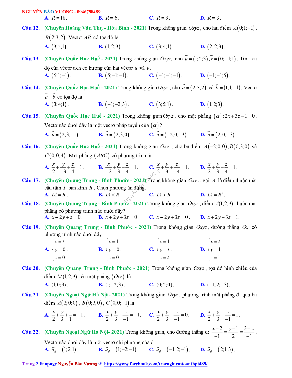 Trắc nghiệm Ôn thi THPT QG Toán 12: Câu hỏi phương pháp tọa độ trong không gian mức độ nhận biết (trang 2)
