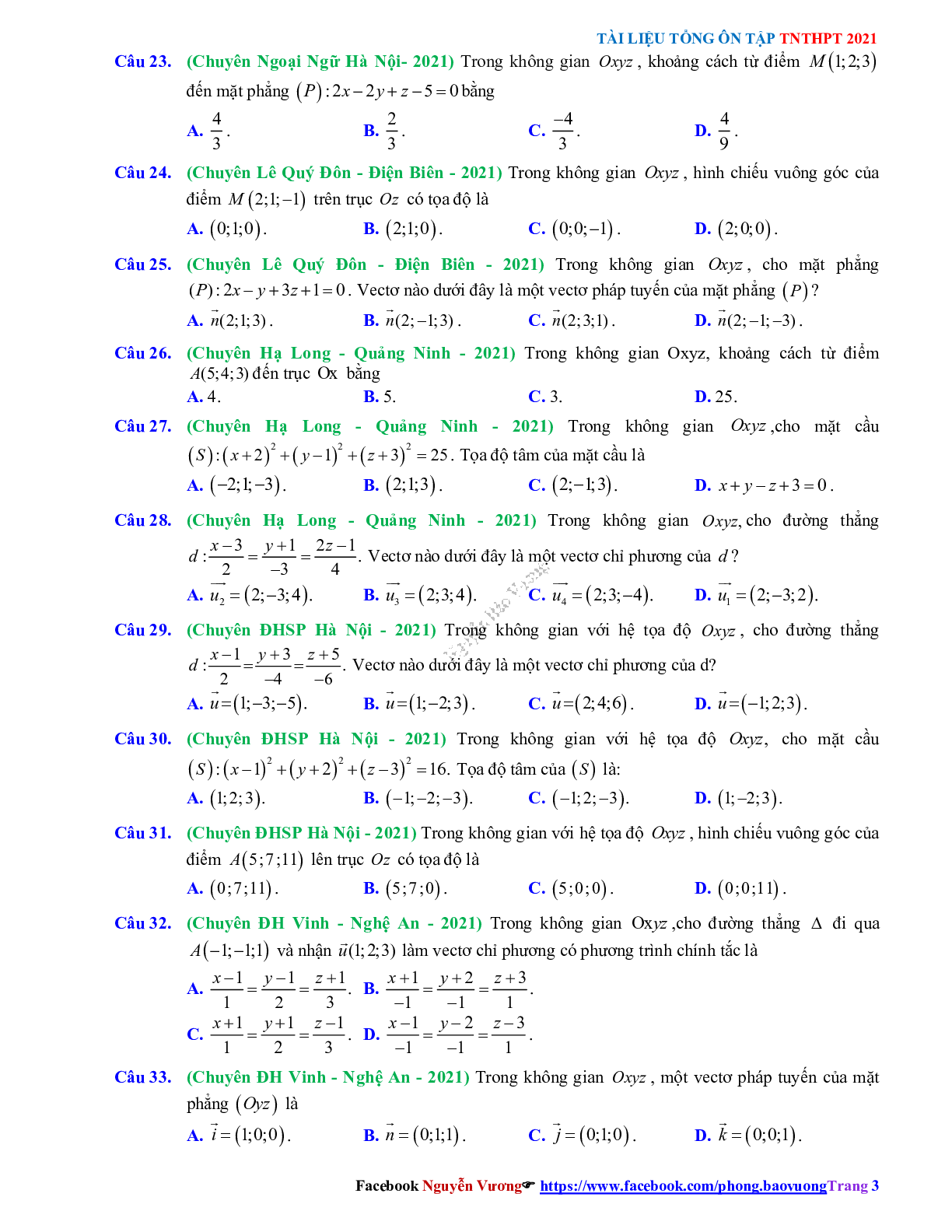 Trắc nghiệm Ôn thi THPT QG Toán 12: Câu hỏi phương pháp tọa độ trong không gian mức độ nhận biết (trang 3)