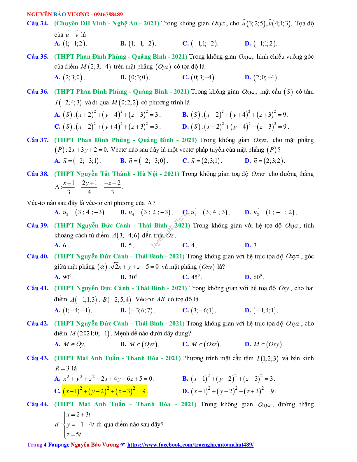 Trắc nghiệm Ôn thi THPT QG Toán 12: Câu hỏi phương pháp tọa độ trong không gian mức độ nhận biết (trang 4)
