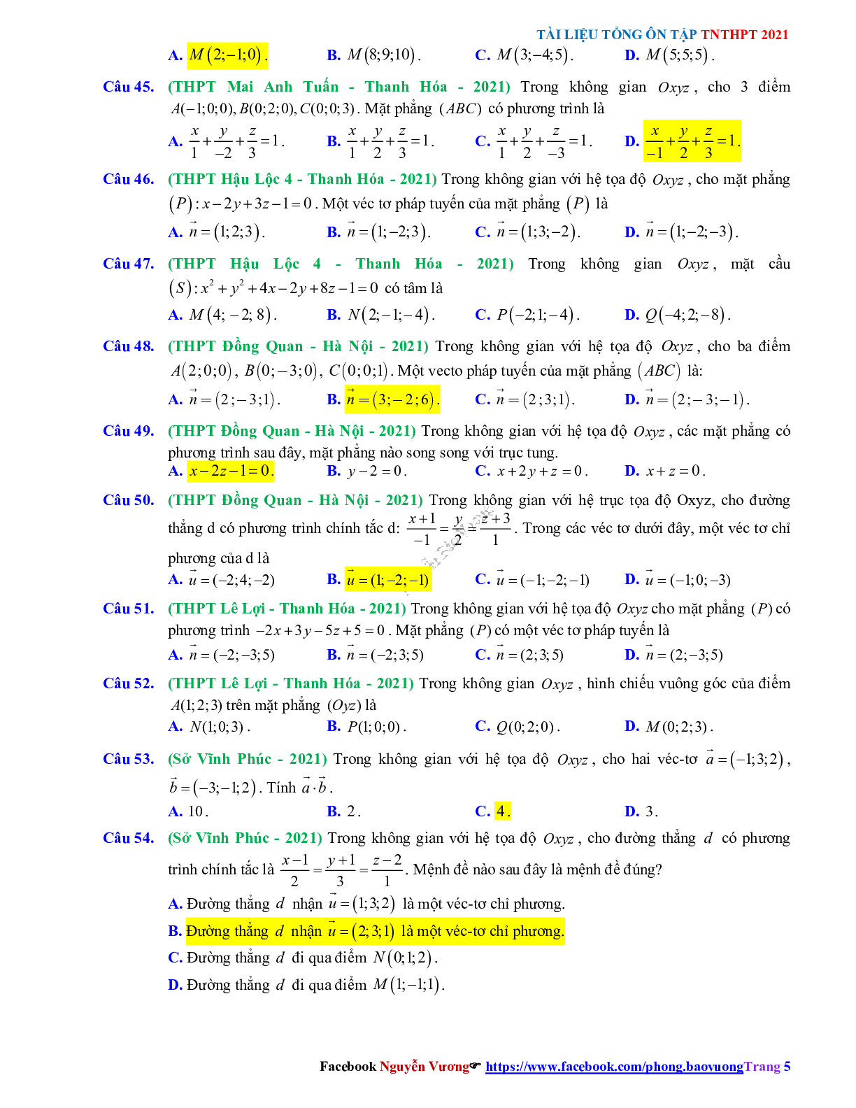 Trắc nghiệm Ôn thi THPT QG Toán 12: Câu hỏi phương pháp tọa độ trong không gian mức độ nhận biết (trang 5)