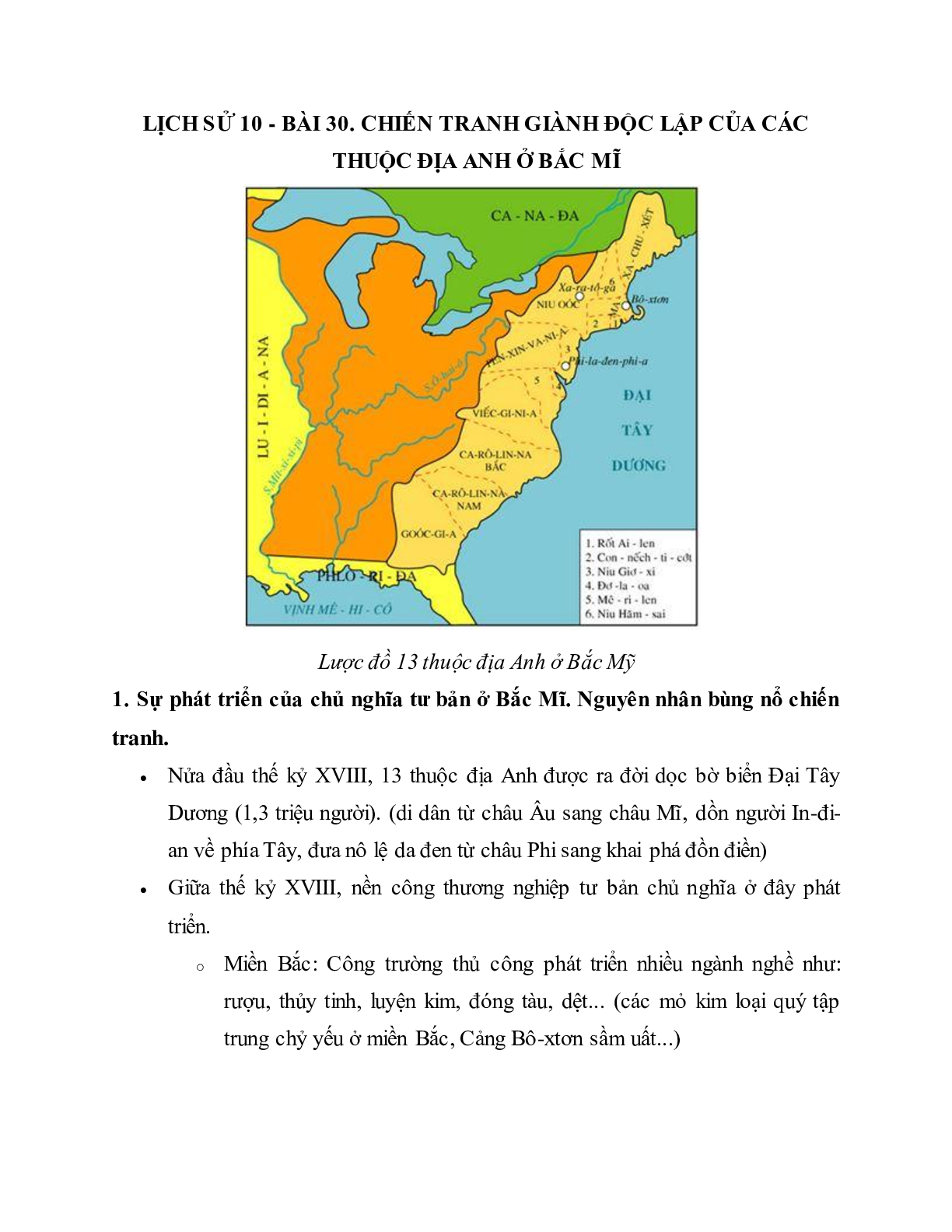 Lý thuyết Lịch sử 10: Bài 30: Chiến tranh giành độc lập của các thuộc địa Anh ở Bắc Mĩ mới nhất (trang 1)