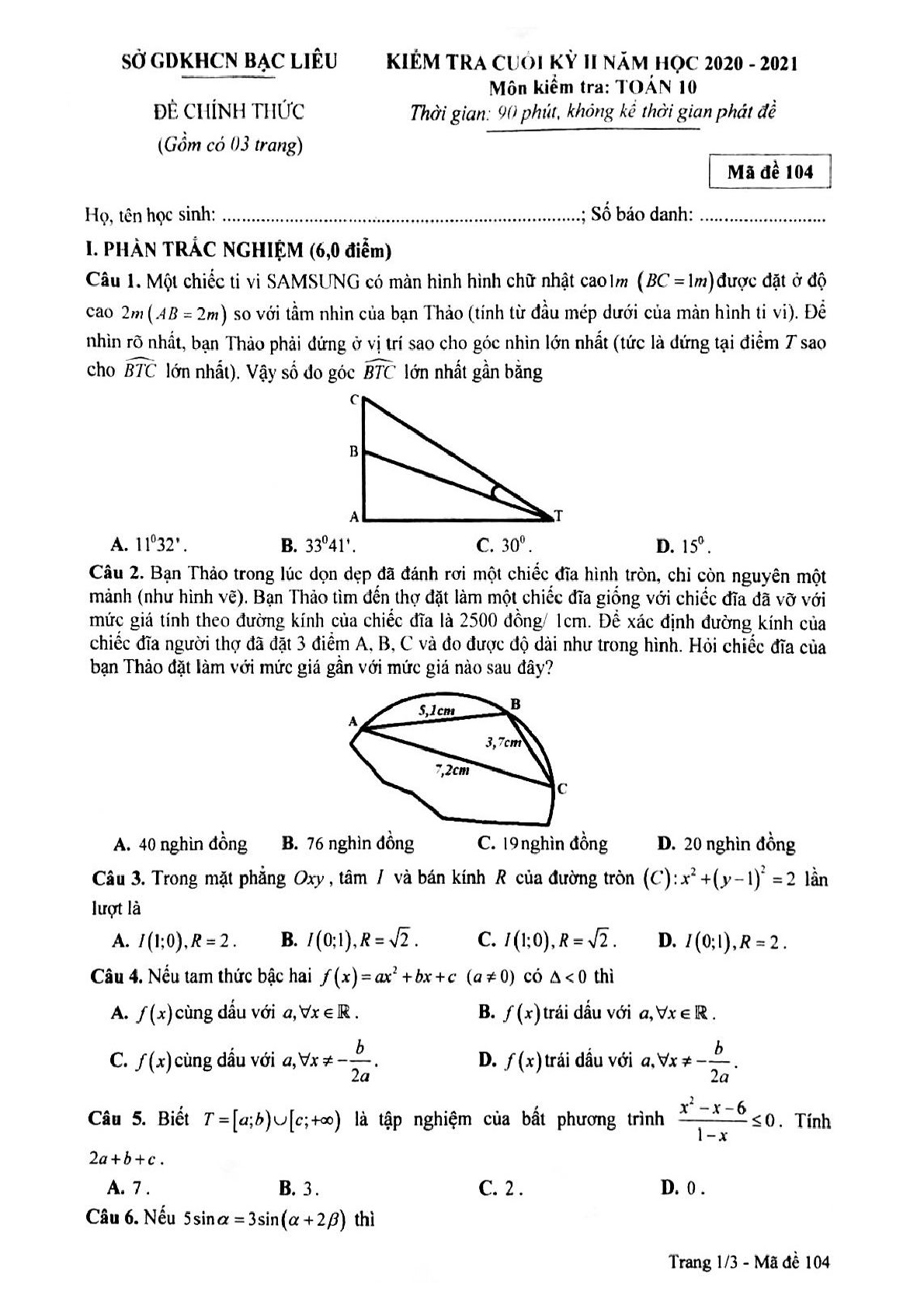 Đề kiểm tra cuối học kì 2 môn toán 10 sở GDKHCN Bạc Liêu năm học 2020-2021 (trang 1)