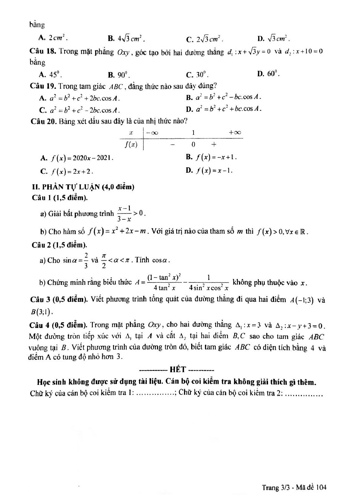 Đề kiểm tra cuối học kì 2 môn toán 10 sở GDKHCN Bạc Liêu năm học 2020-2021 (trang 3)