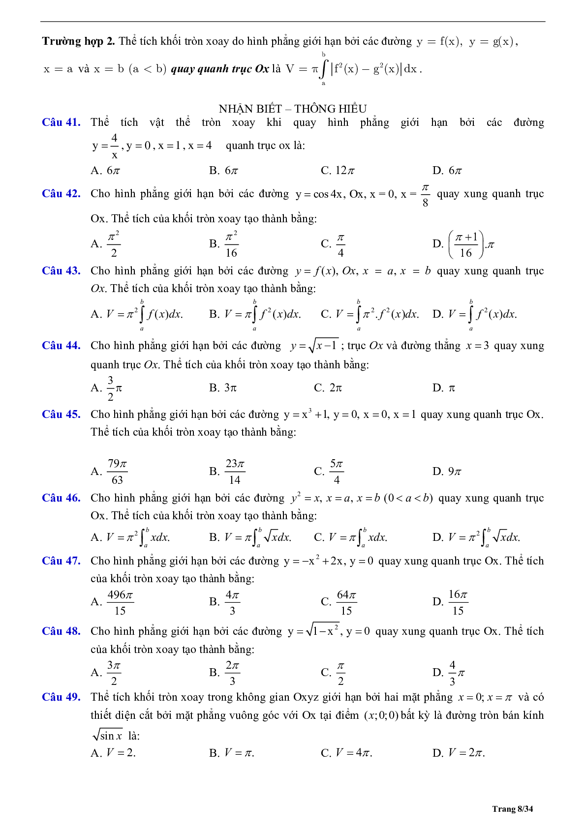 Phương pháp giải Ứng dụng tích phân 2023 (lý thuyết và bài tập) (trang 8)
