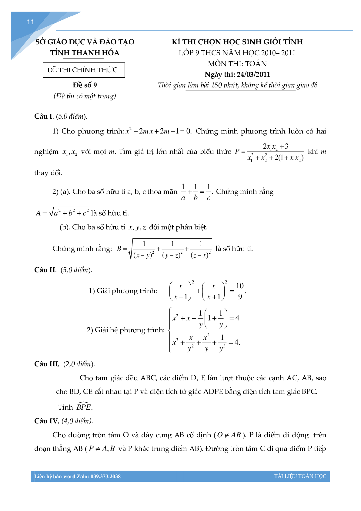 Bộ đề học sinh giỏi môn toán lớp 9 tỉnh Thanh Hóa (trang 10)