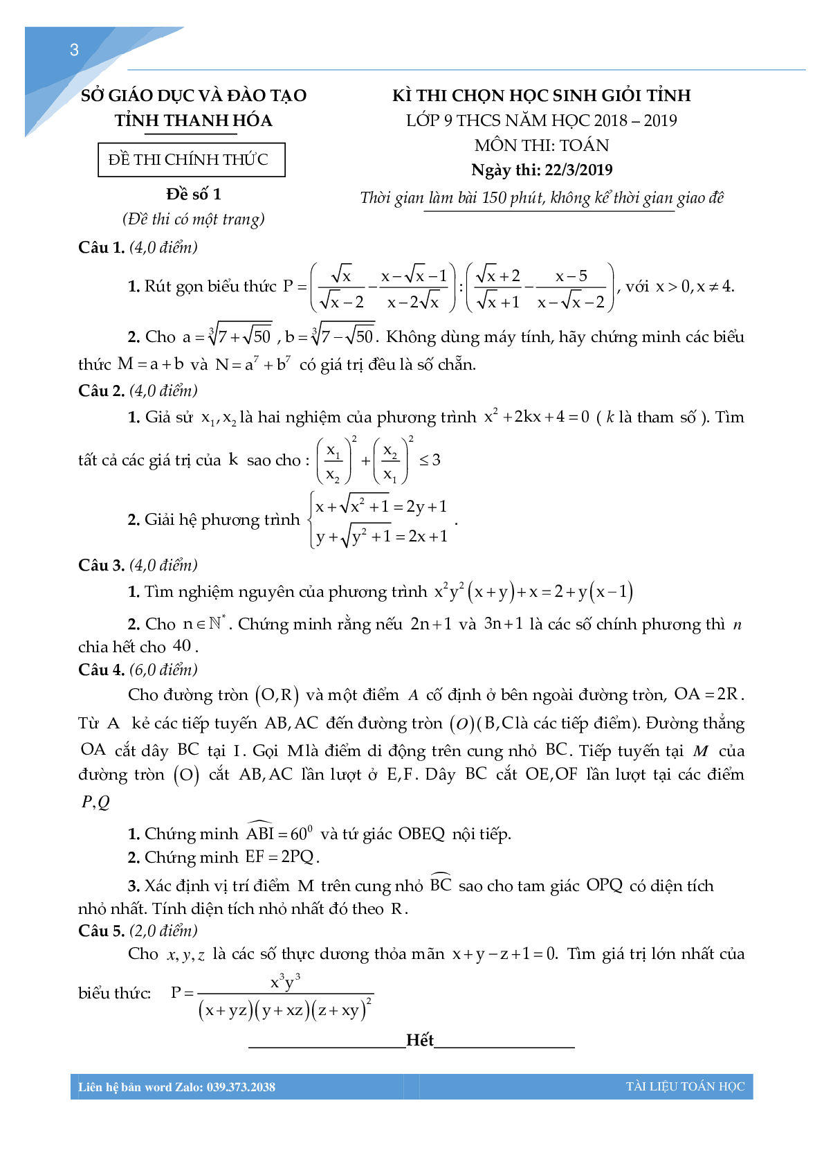 Bộ đề học sinh giỏi môn toán lớp 9 tỉnh Thanh Hóa (trang 2)