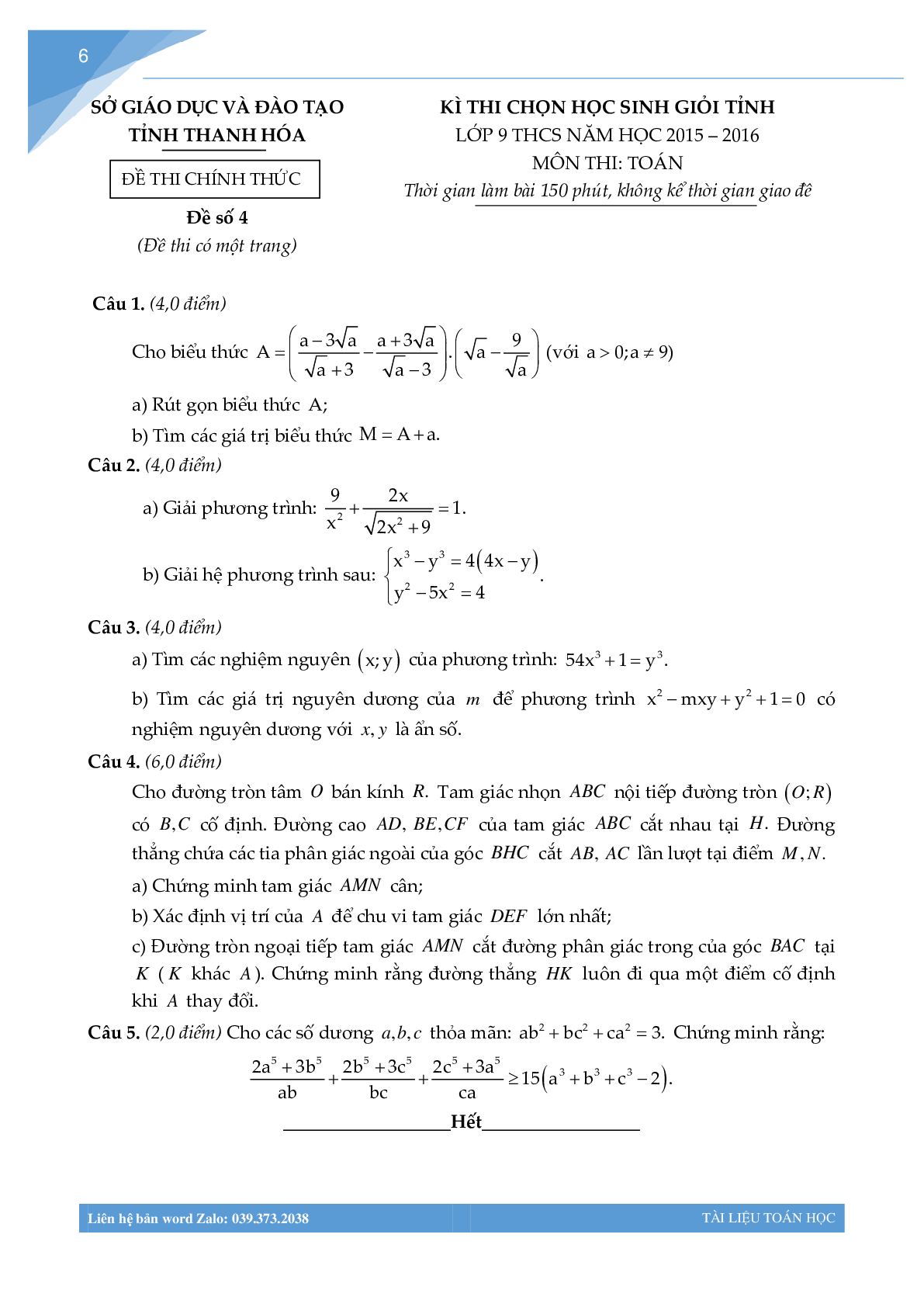 Bộ đề học sinh giỏi môn toán lớp 9 tỉnh Thanh Hóa (trang 5)