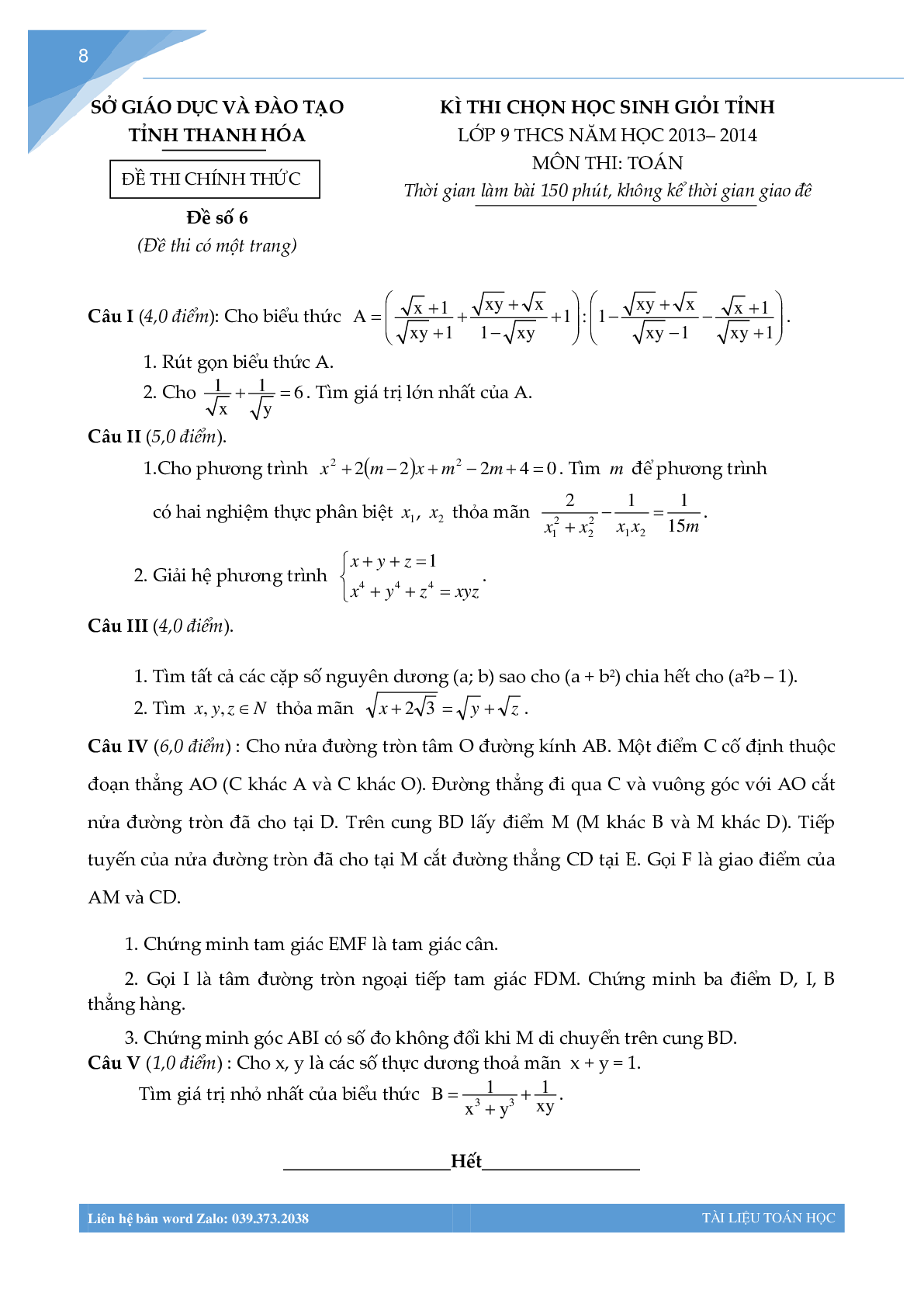 Bộ đề học sinh giỏi môn toán lớp 9 tỉnh Thanh Hóa (trang 7)