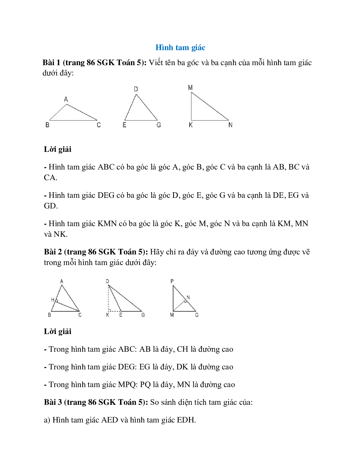 Toán lớp 5 trang 86 Hình tam giác (trang 1)