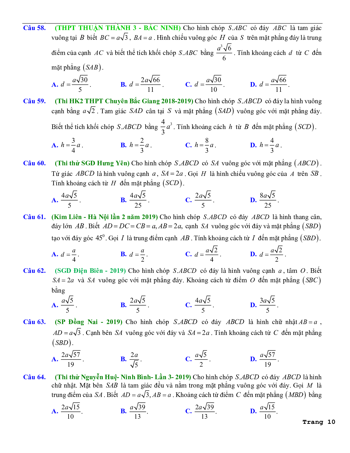 114 câu trắc nghiệm các dạng toán khoảng cách trong hình học không gian lớp 11 có hướng dẫn giải chi tiết 2023 (trang 10)