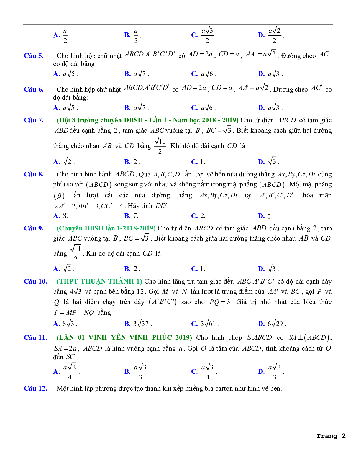 114 câu trắc nghiệm các dạng toán khoảng cách trong hình học không gian lớp 11 có hướng dẫn giải chi tiết 2023 (trang 2)