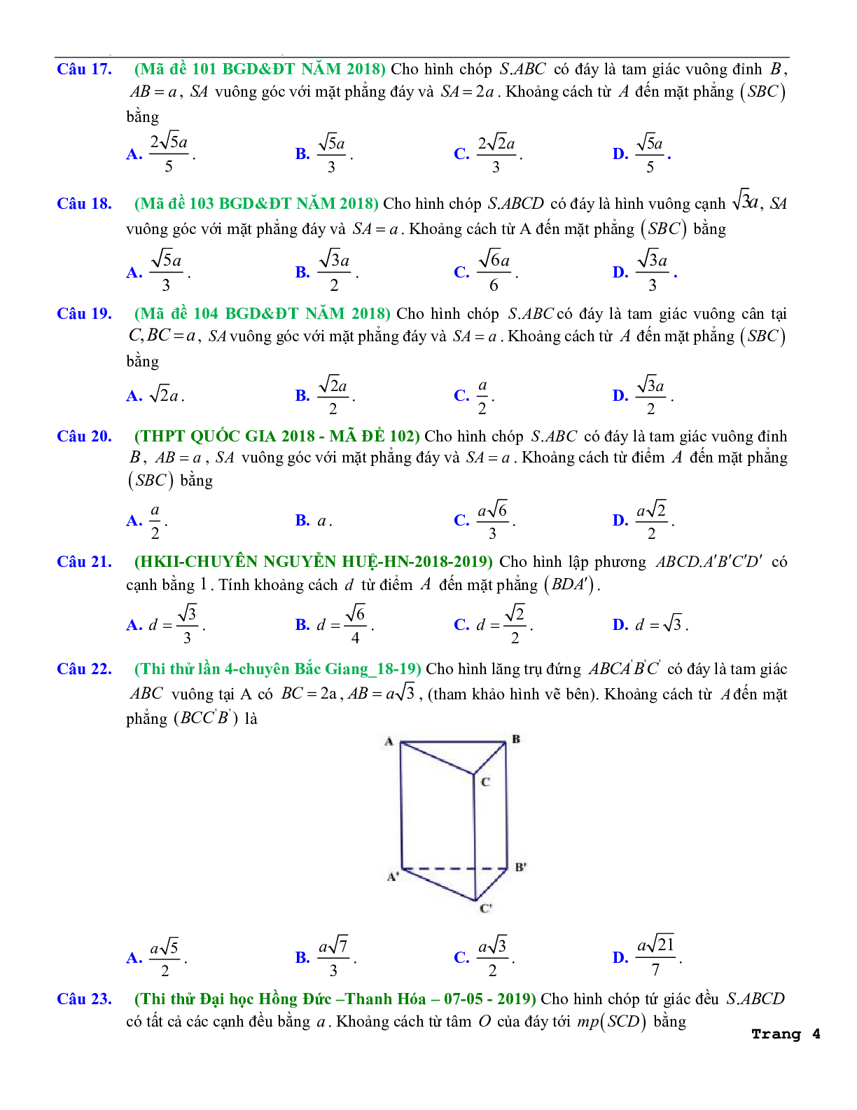 114 câu trắc nghiệm các dạng toán khoảng cách trong hình học không gian lớp 11 có hướng dẫn giải chi tiết 2023 (trang 4)