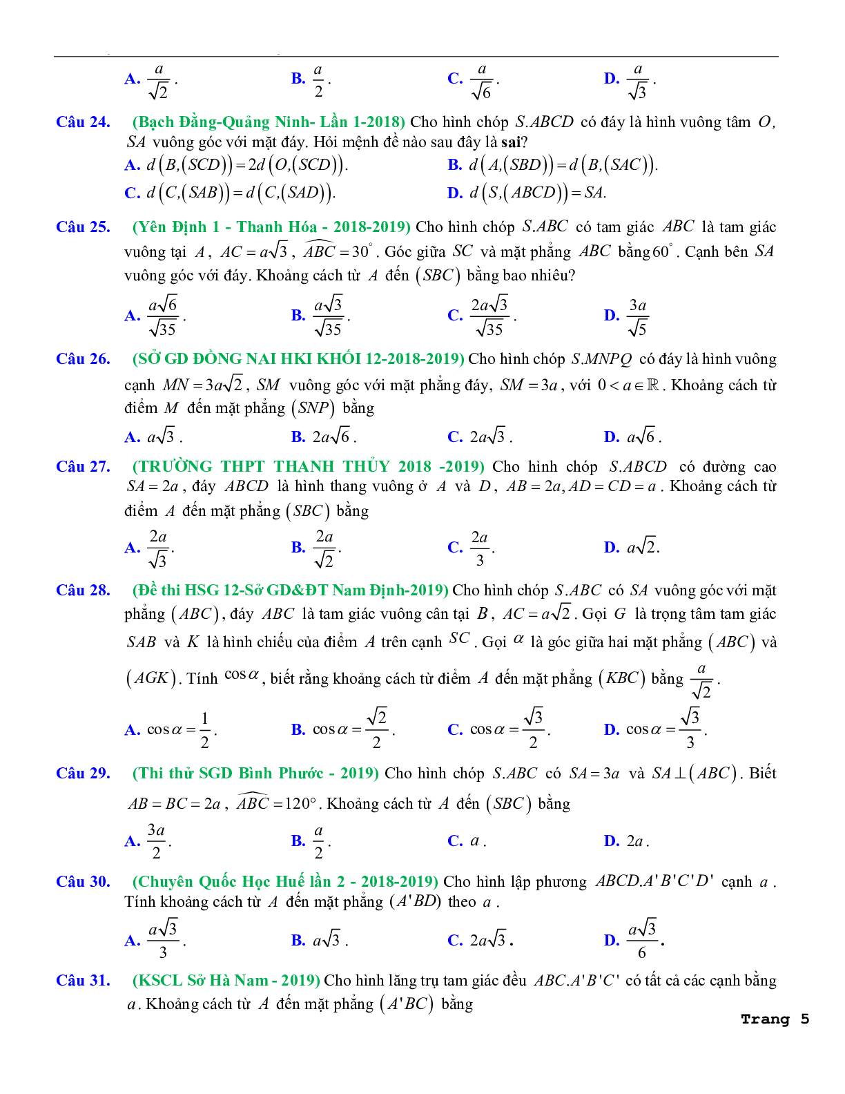 114 câu trắc nghiệm các dạng toán khoảng cách trong hình học không gian lớp 11 có hướng dẫn giải chi tiết 2023 (trang 5)