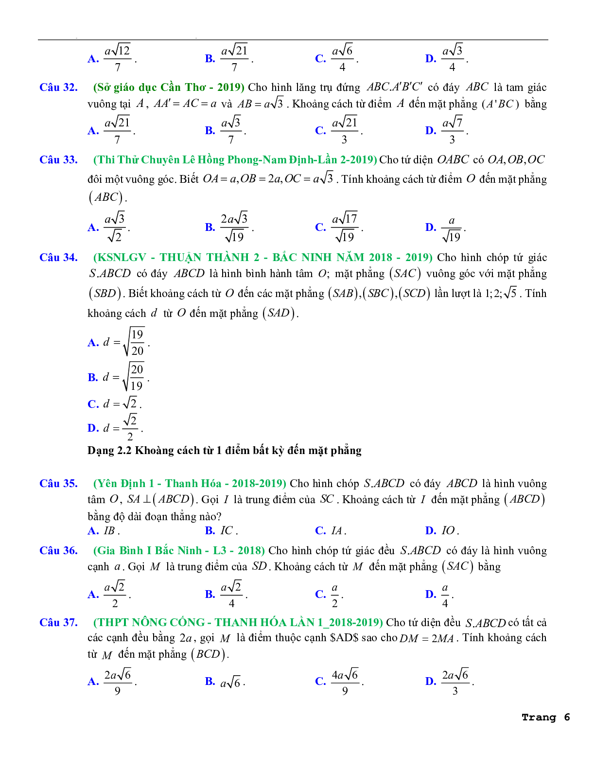 114 câu trắc nghiệm các dạng toán khoảng cách trong hình học không gian lớp 11 có hướng dẫn giải chi tiết 2023 (trang 6)