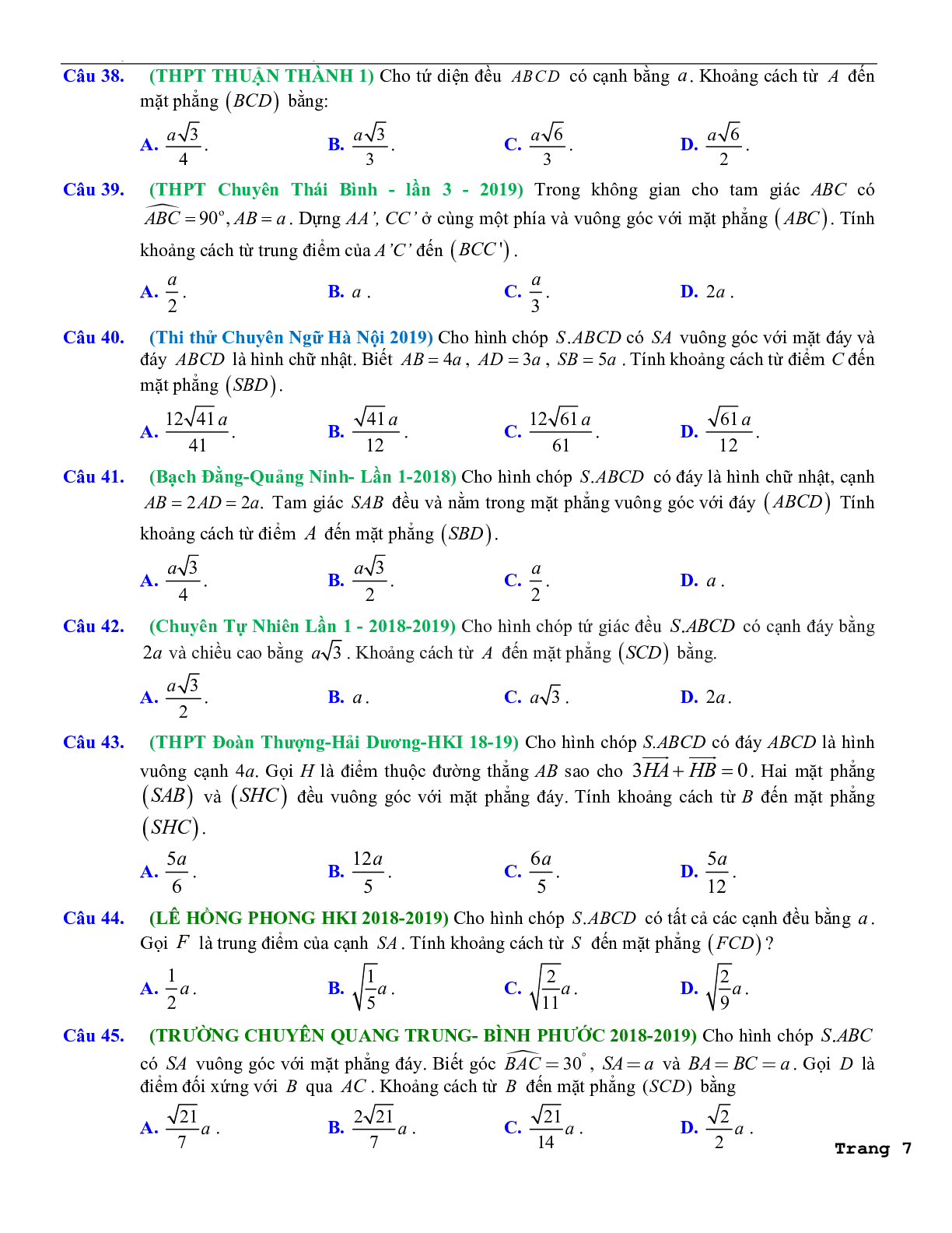 114 câu trắc nghiệm các dạng toán khoảng cách trong hình học không gian lớp 11 có hướng dẫn giải chi tiết 2023 (trang 7)