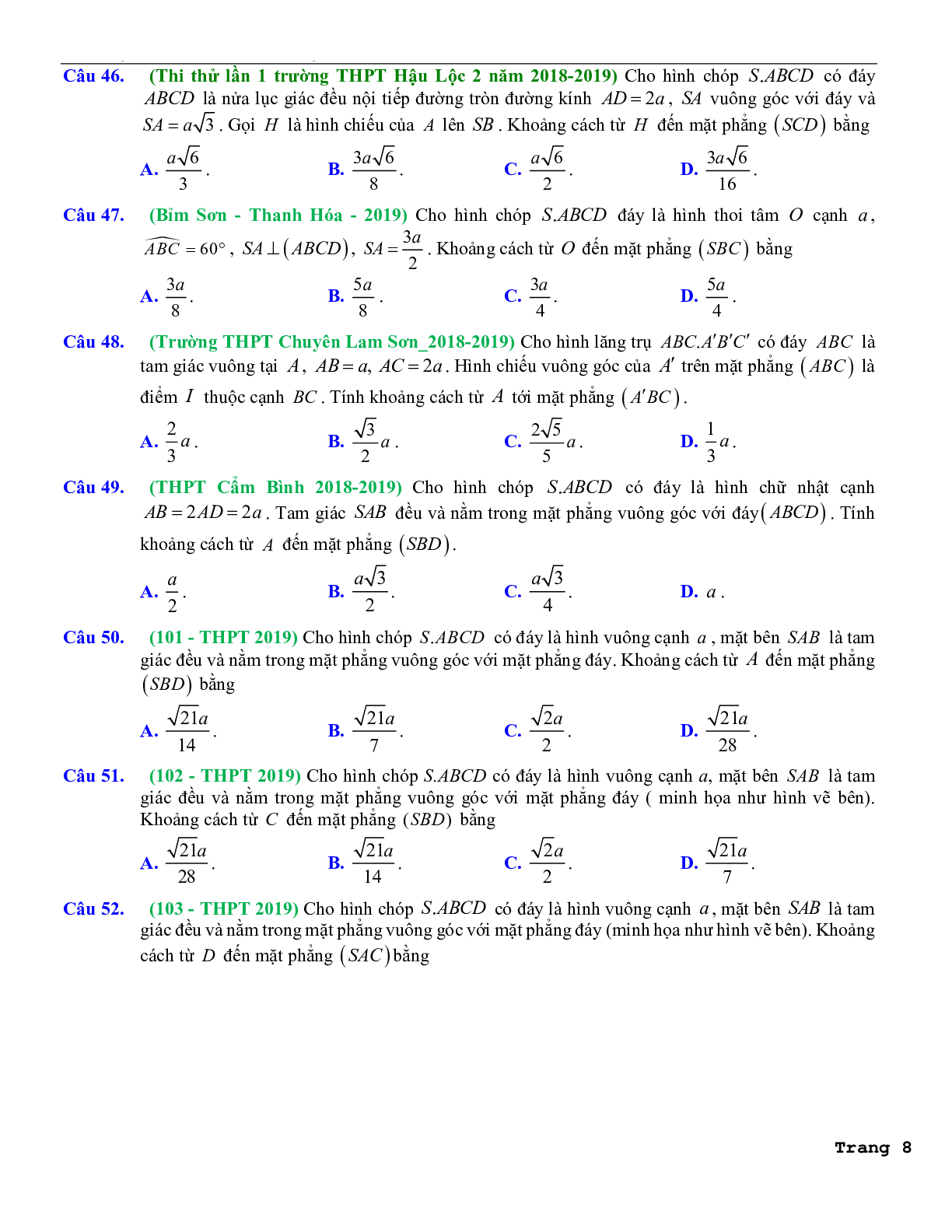114 câu trắc nghiệm các dạng toán khoảng cách trong hình học không gian lớp 11 có hướng dẫn giải chi tiết 2023 (trang 8)