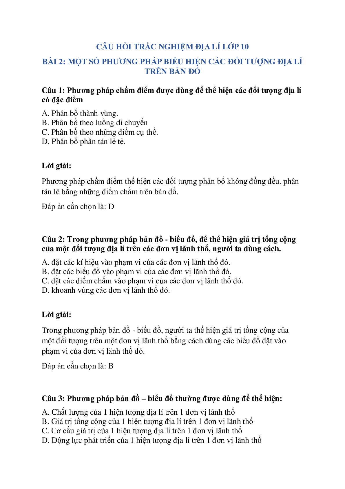 Trắc nghiệm Địa lí 10 Bài 2 có đáp án: Một số phương pháp biểu hiện các đối tượng địa lí (trang 1)