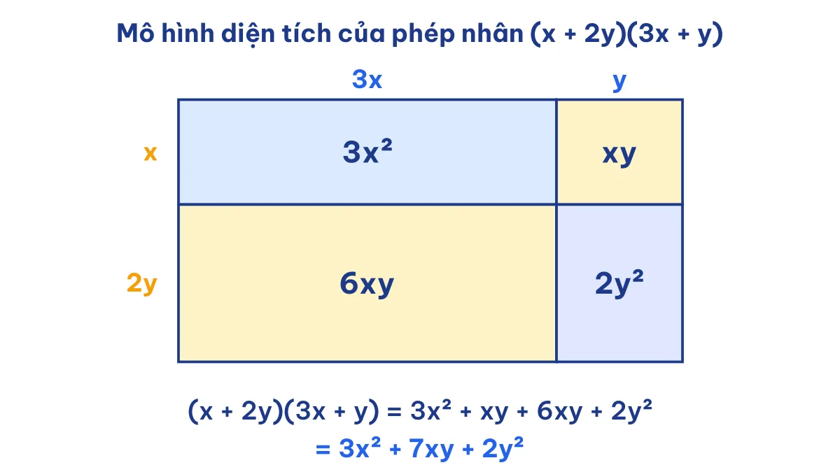 Mô hình diện tích minh hoạ phép nhân đa thức nhiều biến (x + 2y)(3x + y) Toán 8