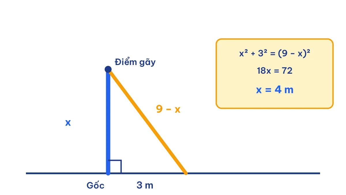Sơ đồ bài toán cây tre gãy áp dụng định lí Pythagore lớp 8