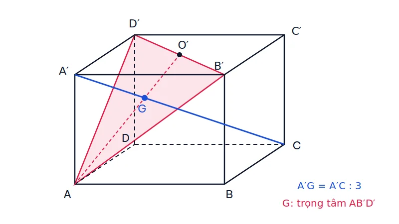 Hình hộp ABCD.A′B′C′D′ với tam giác AB′D′ tô màu, đường chéo A′C cắt trung tuyến AO′ tại G là trọng tâm tam giác AB′D′