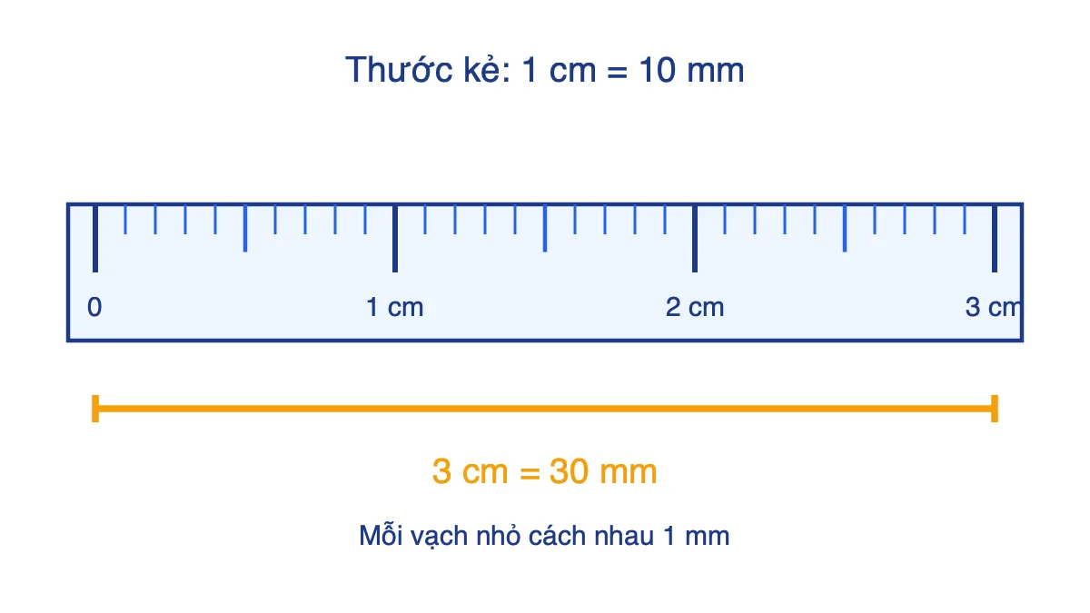 Thước kẻ đánh dấu từ 0 đến 3 cm, mỗi cm chia thành 10 mm, tổng cộng 30 mm