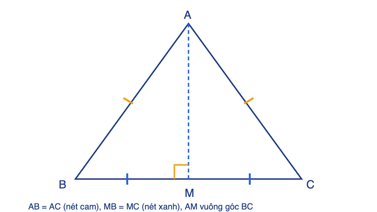 Tam giác ABC cân tại A, M là trung điểm BC, đoạn AM vuông góc BC