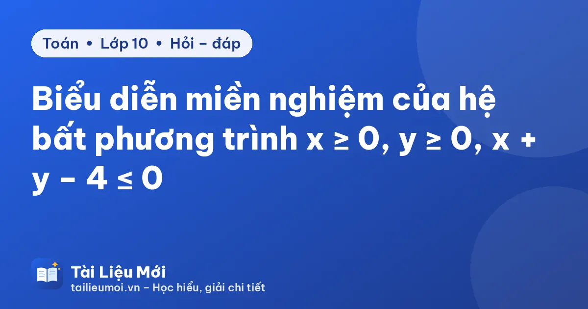 Biểu diễn miền nghiệm của hệ bất phương trình x ≥ 0, y ≥ 0, x + y − 4 ≤ 0