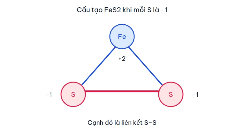 Sơ đồ FeS2: nguyên tử sắt mang +2 nối với hai lưu huỳnh, hai lưu huỳnh nối với nhau bằng liên kết S–S và mỗi lưu huỳnh mang −1