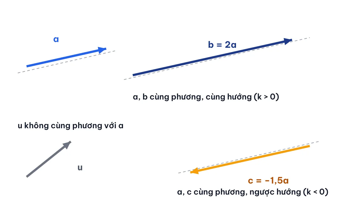 Hình minh họa hai vectơ cùng phương cùng hướng, ngược hướng và vectơ không cùng phương