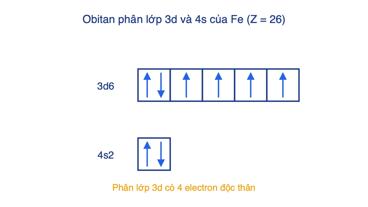 Sơ đồ obitan phân lớp 3d6 và 4s2 của nguyên tử sắt, 3d có một cặp electron ghép đôi và bốn electron độc thân