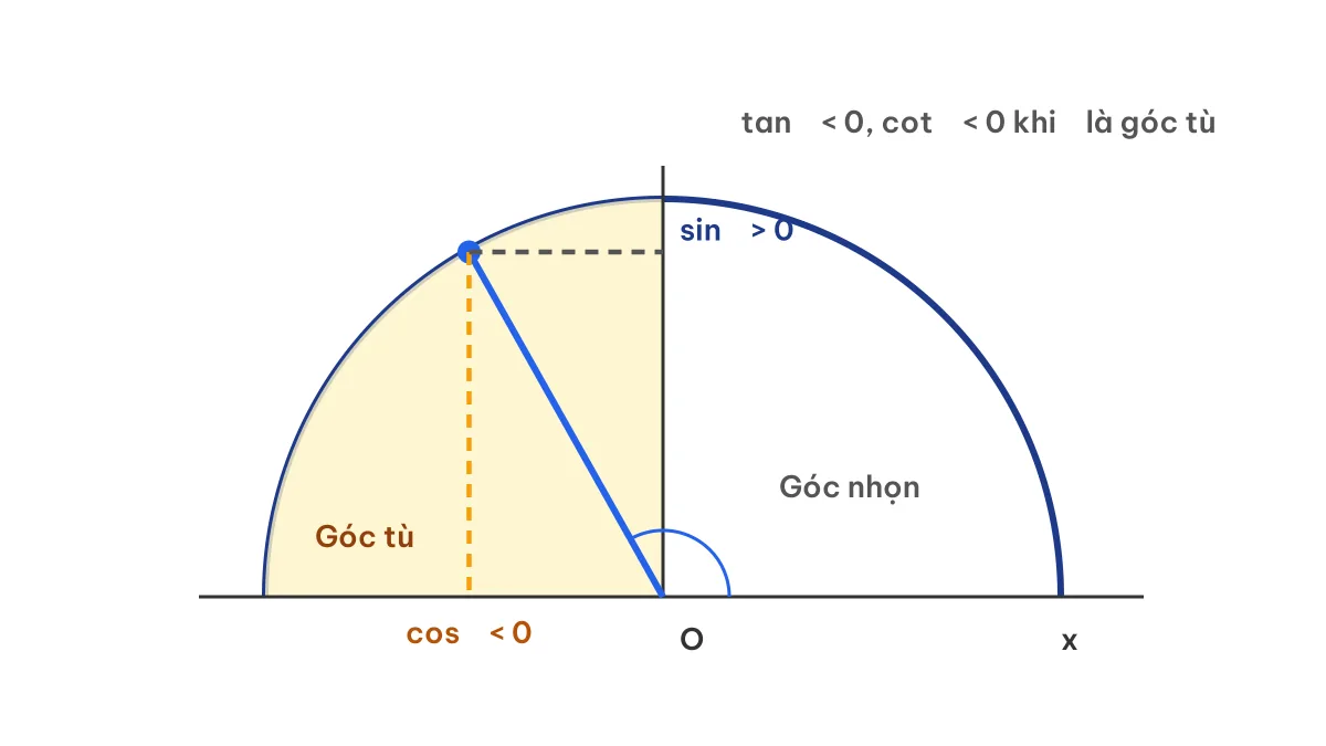 Nửa đường tròn lượng giác với góc tù α có sin dương và cos âm