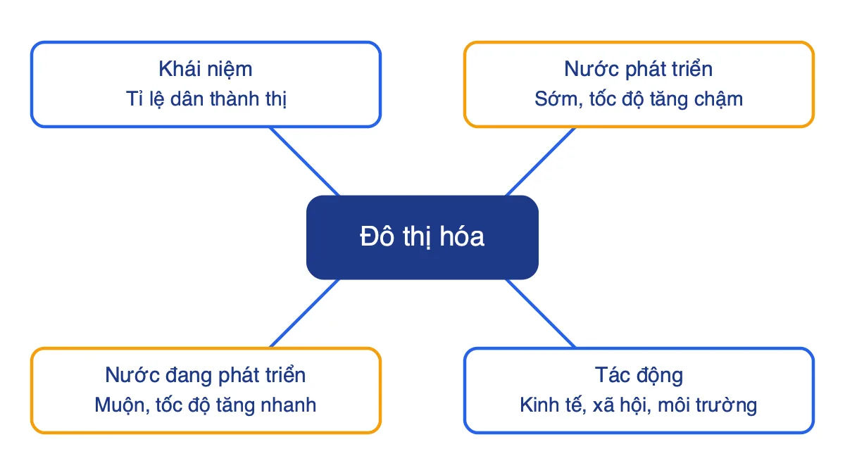 Sơ đồ tư duy Chuyên đề 2 Đô thị hóa gồm bốn nhánh: khái niệm và tỉ lệ dân thành thị, nước phát triển, nước đang phát triển, tác động