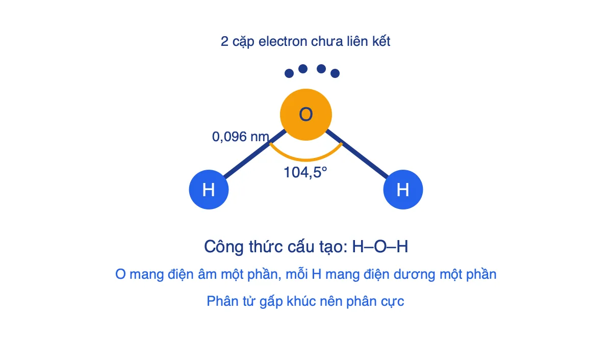 Mô hình phân tử nước dạng chữ V với góc HOH 104,5° và hai cặp electron chưa liên kết trên nguyên tử oxygen