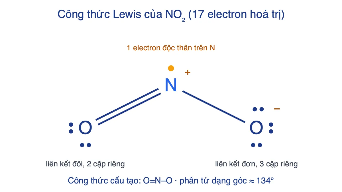 Công thức Lewis và công thức cấu tạo NO2 với electron độc thân trên nguyên tử N