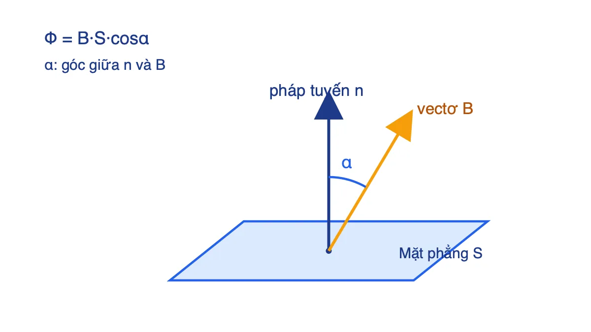 Sơ đồ góc α giữa vectơ pháp tuyến n của mặt phẳng và vectơ cảm ứng từ B