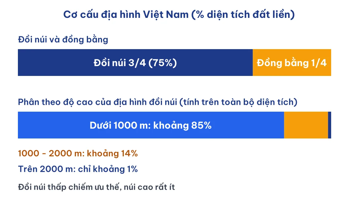 Biểu đồ cơ cấu địa hình Việt Nam: đồi núi 3/4, đồng bằng 1/4, đồi núi thấp dưới 1000 m chiếm 85%