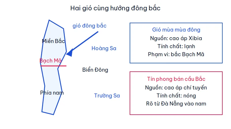 Sơ đồ lãnh thổ Việt Nam với gió đông bắc, ranh giới Bạch Mã, Hoàng Sa và Trường Sa