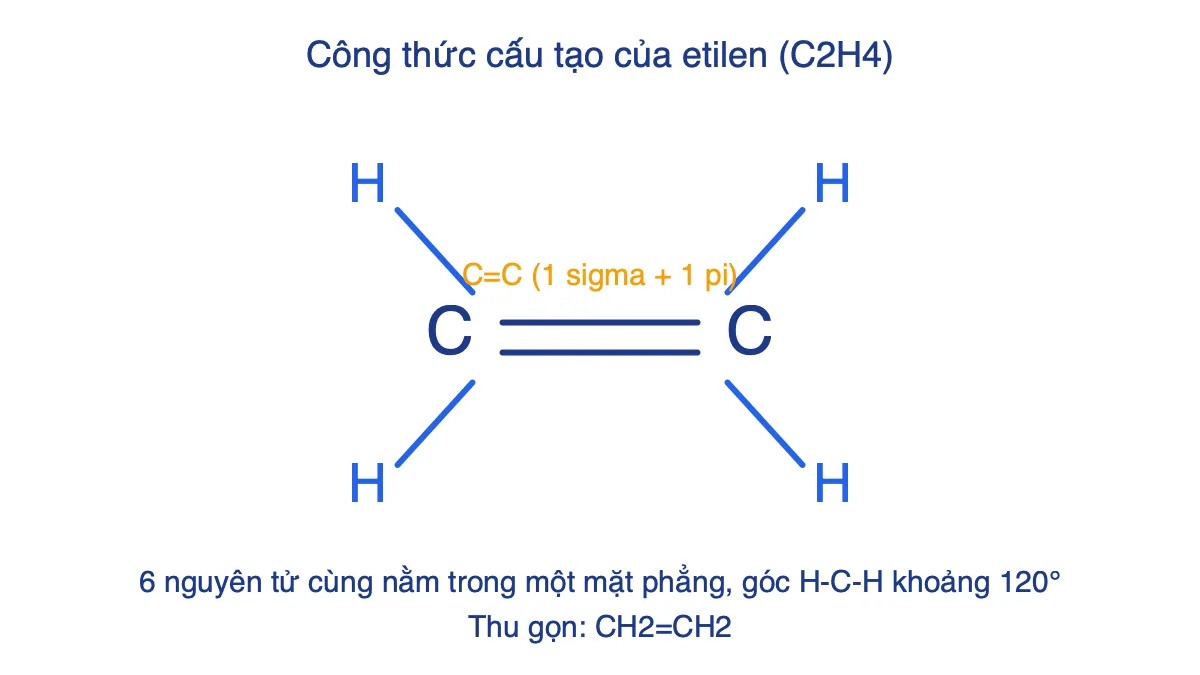 Công thức cấu tạo của etilen CH2=CH2 với bốn nguyên tử H và liên kết đôi giữa hai nguyên tử C