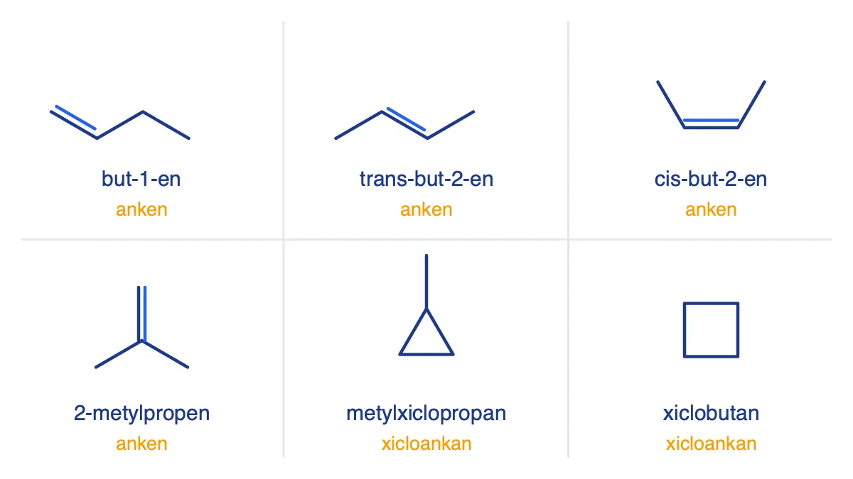 Công thức khung của 6 chất ứng với C4H8: but-1-en, trans-but-2-en, cis-but-2-en, 2-metylpropen, metylxiclopropan, xiclobutan