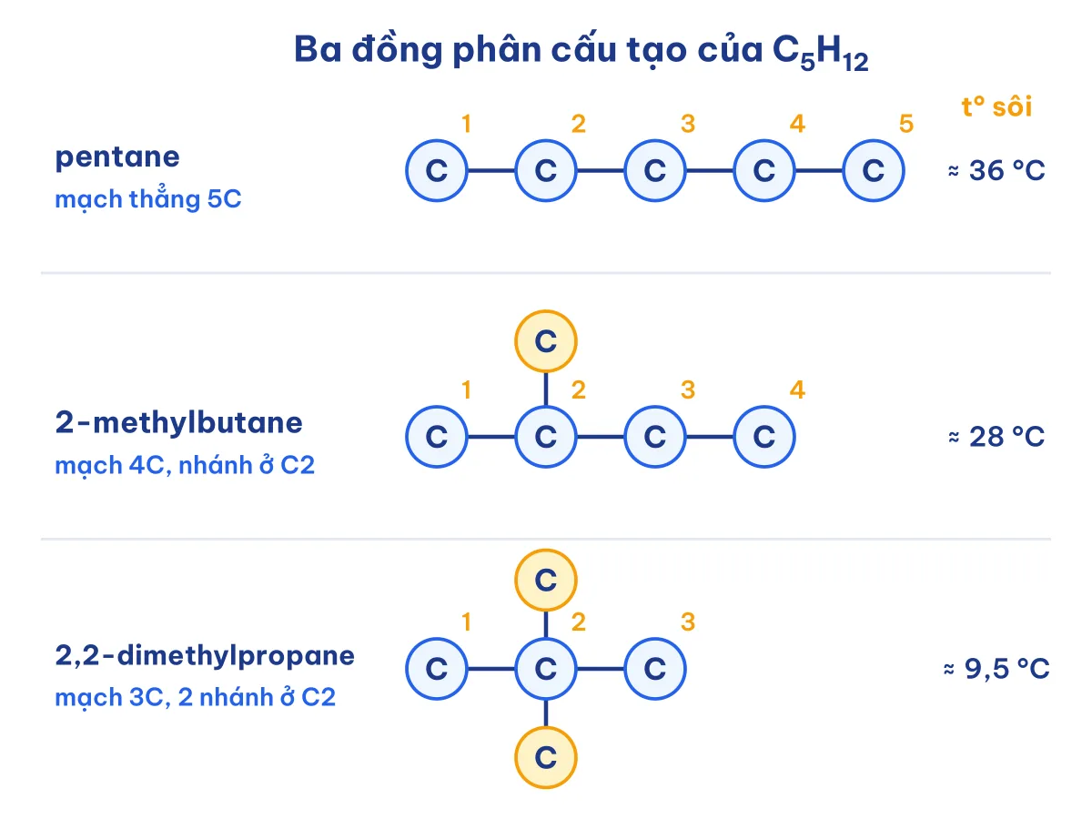 Mạch carbon ba đồng phân C5H12: pentane, 2-methylbutane, 2,2-dimethylpropane và nhiệt độ sôi
