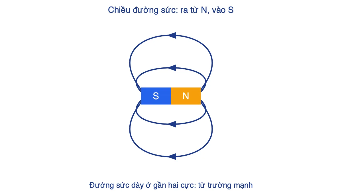 Đường sức từ của nam châm thẳng, đi ra từ cực Bắc và đi vào cực Nam