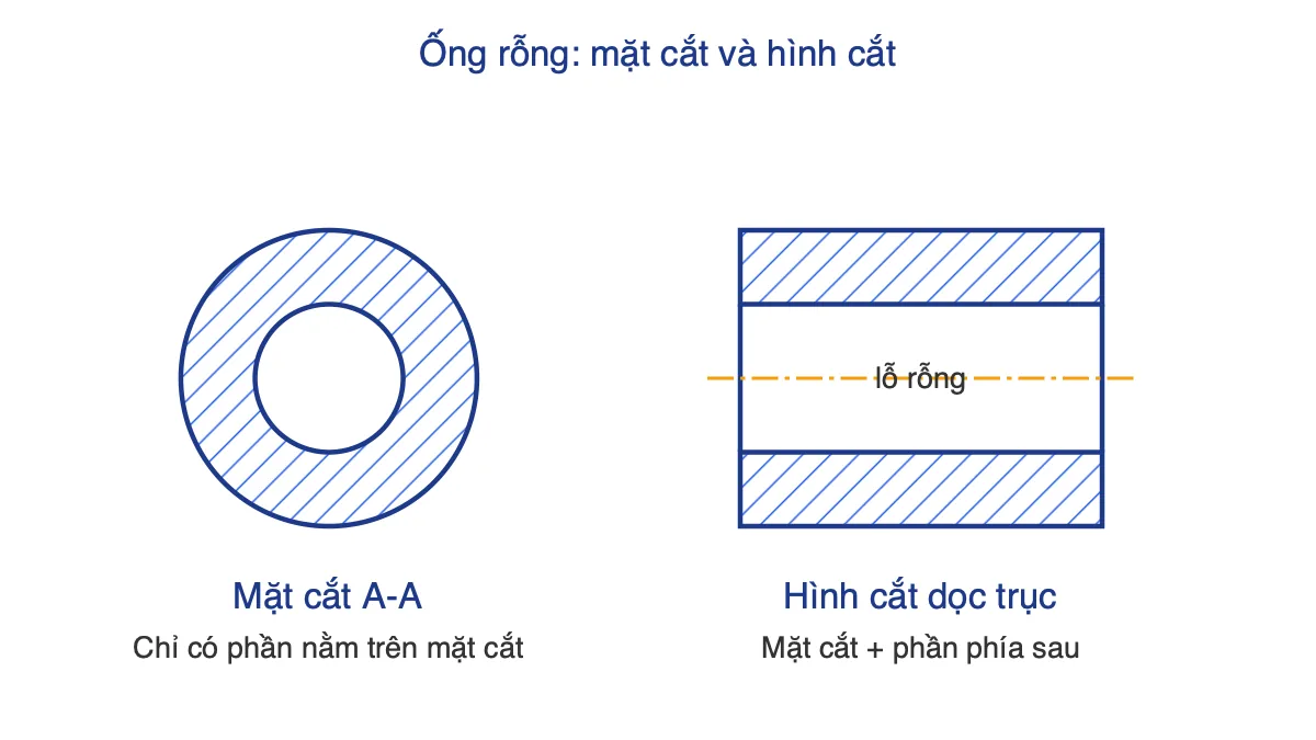 So sánh mặt cắt hình vành khăn và hình cắt dọc trục của một ống rỗng