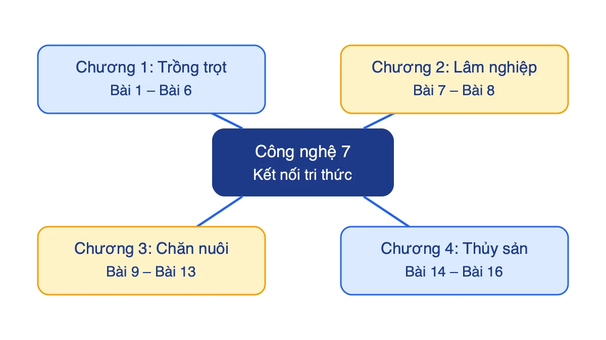 Sơ đồ 4 chương của SGK Công nghệ 7 Kết nối tri thức: Trồng trọt, Lâm nghiệp, Chăn nuôi, Thủy sản