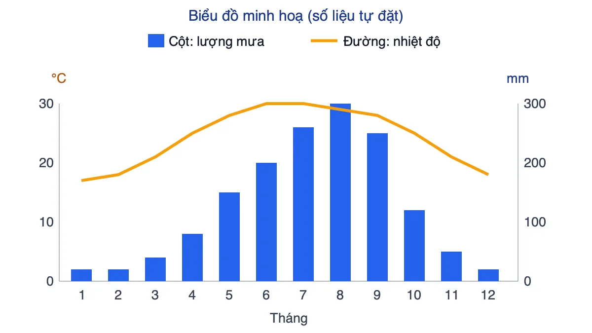 Biểu đồ nhiệt độ và lượng mưa minh hoạ với đường nhiệt độ và cột lượng mưa 12 tháng
