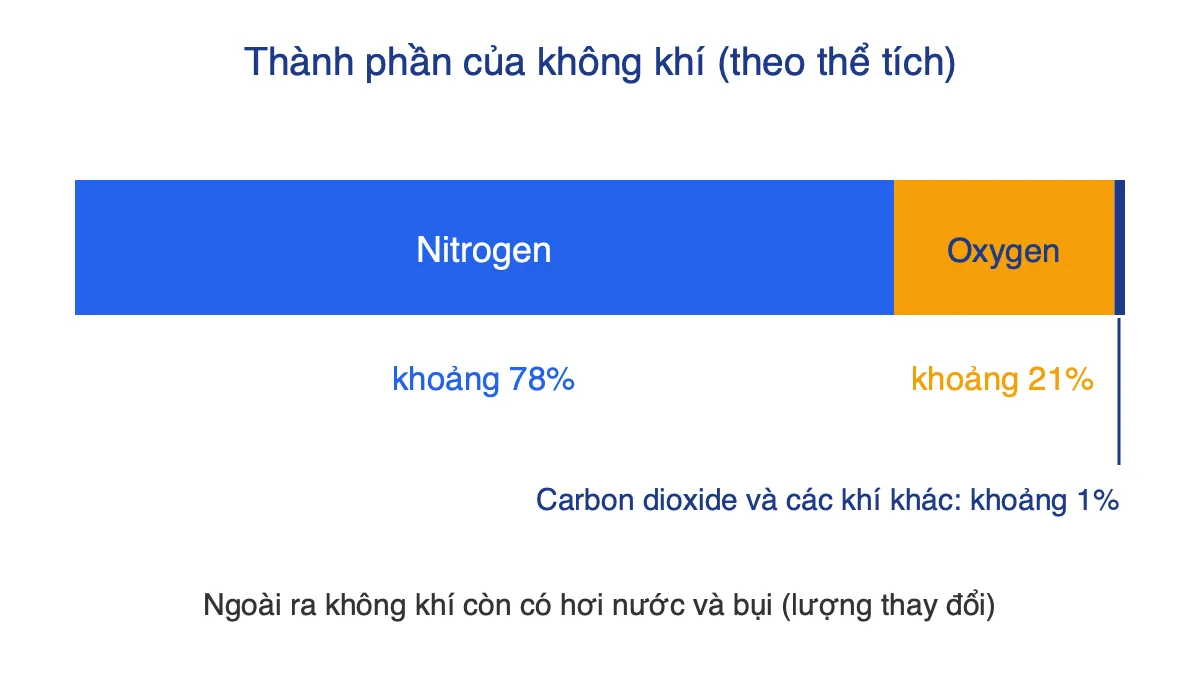 Thanh biểu diễn thành phần không khí: nitrogen khoảng 78%, oxygen khoảng 21%, các khí khác khoảng 1%