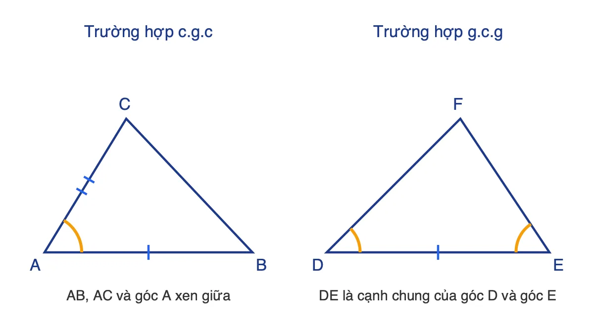 Hai tam giác minh hoạ trường hợp c.g.c và g.c.g, đánh dấu cạnh và góc cần bằng nhau